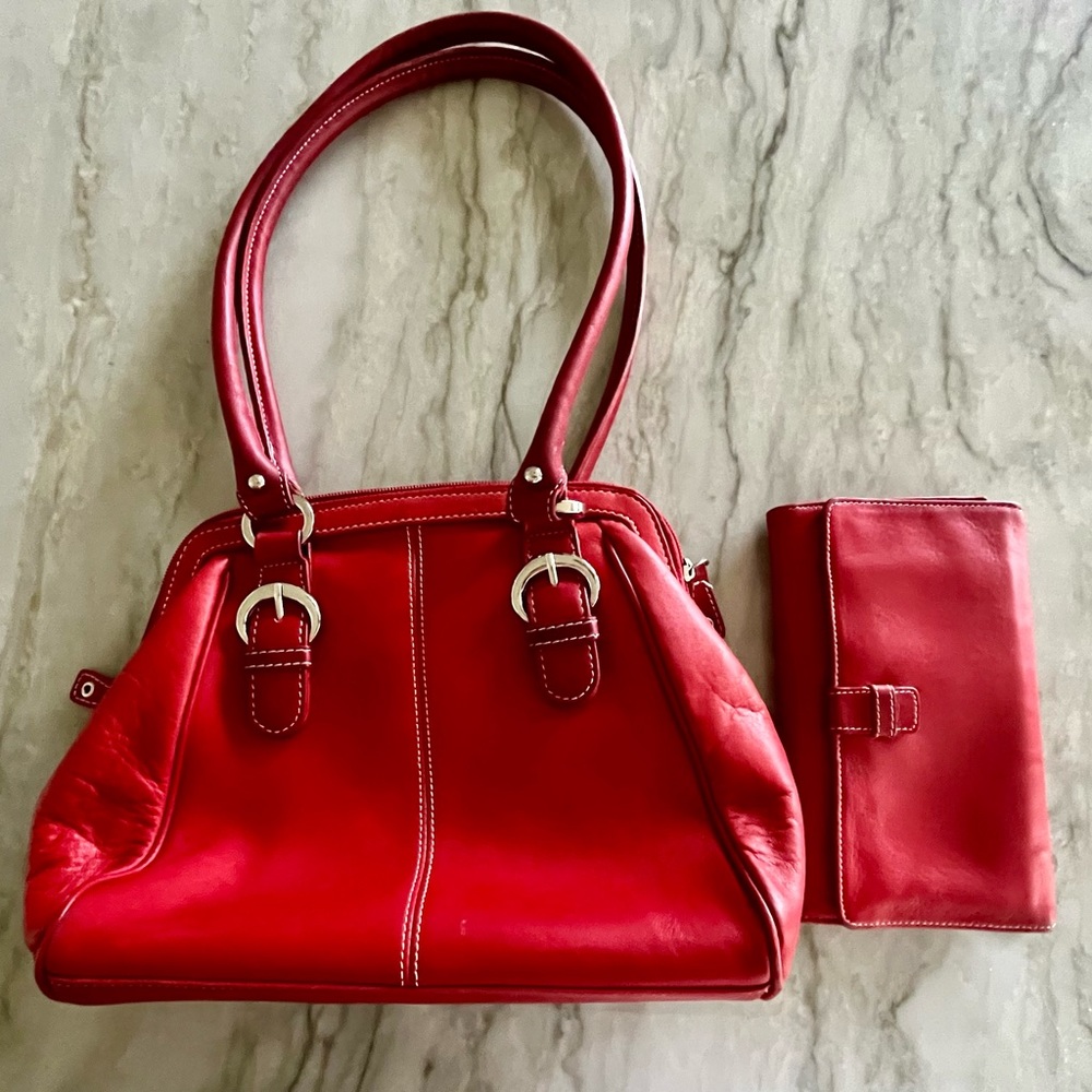 Tignanello Red Leather Handbag & Matching Wallet